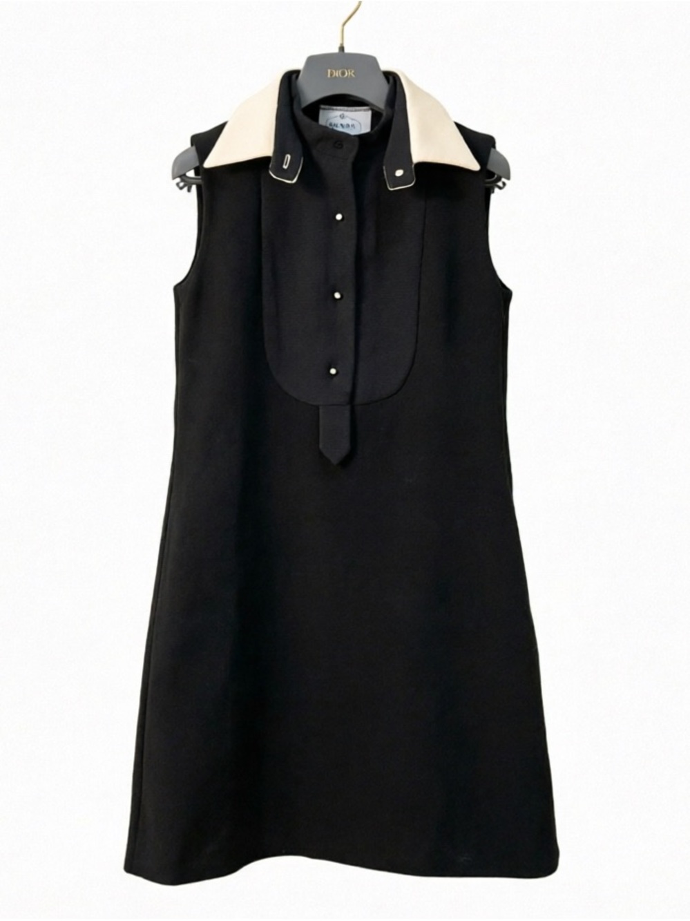 Prada Black Sleeveless Shift Dress with Cream Pointed Collar